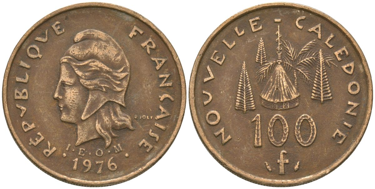 Французская Новая Каледония 100 франков 1976 хижина среди сосен и пальм, (IEOM) KM 15, Schoen 16, Lec 130 никель бронза 88-244