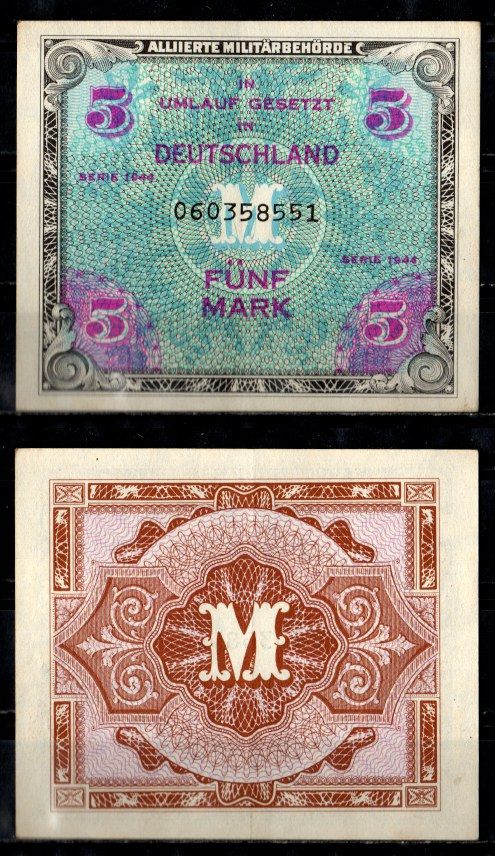 Германия, оккупация союзниками 5 марок 1944 Pick 193 a бумага 8615-11-1-2