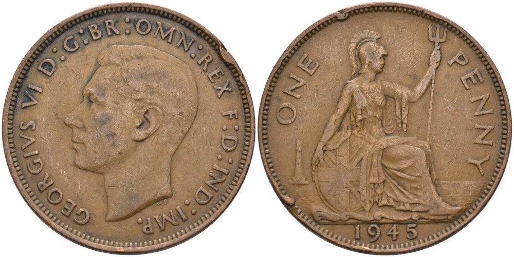 Великобритания 1 пенни 1945 Георг VI (1936-1952) KM 845, Spink 4114 бронза 4574-133