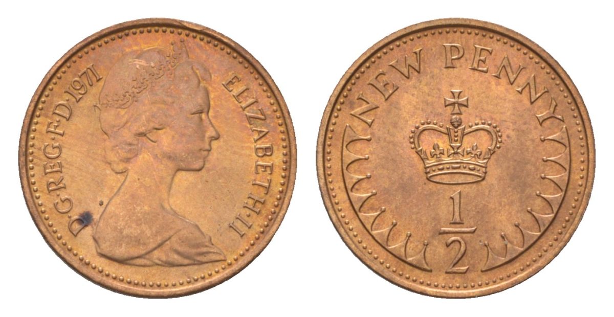 Великобритания 1/2 пенни 1971 Елизавета II (1952-2022) KM 914, Spink 4239 (A1) бронза UNC 4627-639