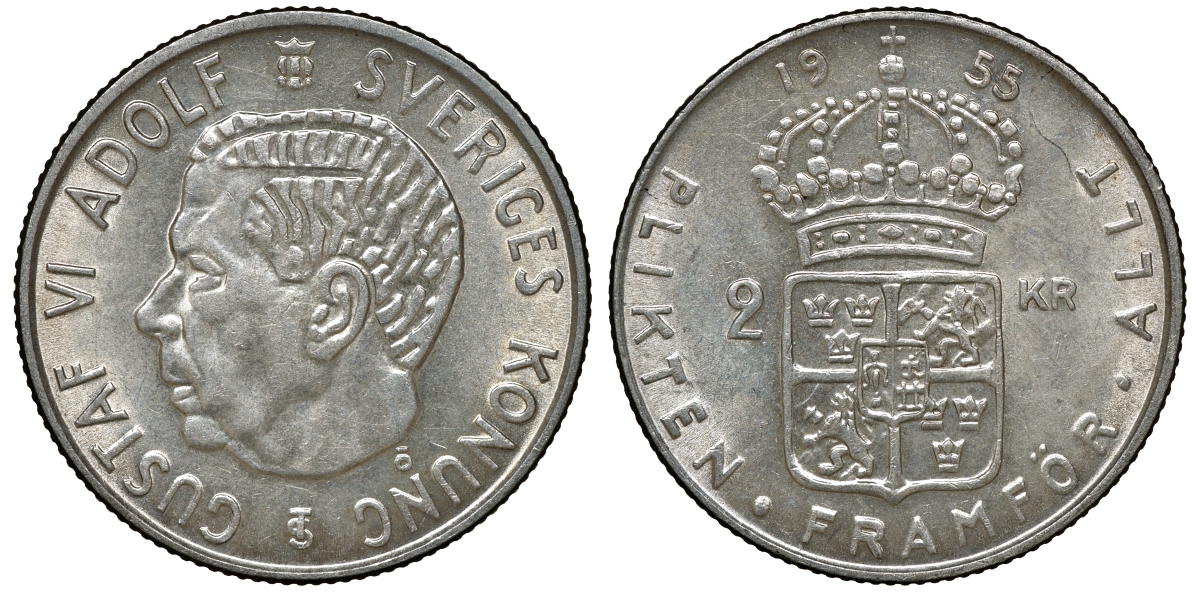 Швеция 2 кроны 1955 TS, Густав VI Адольф (1950-1973) KM 827 серебро 4179-1326