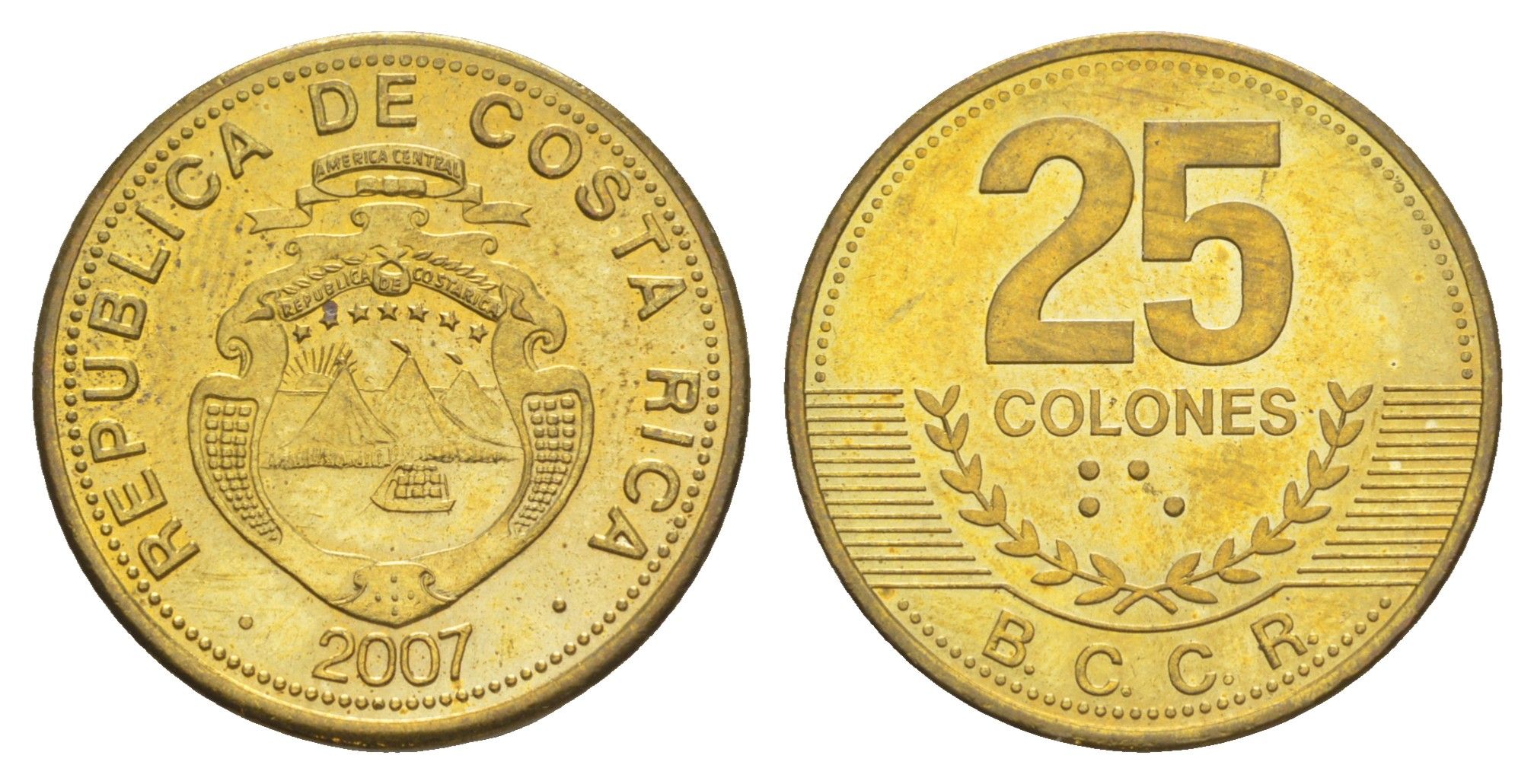 Коста-Рика 25 колонов 2007 KM 229c сталь плакированная латунью UNC 4642-925