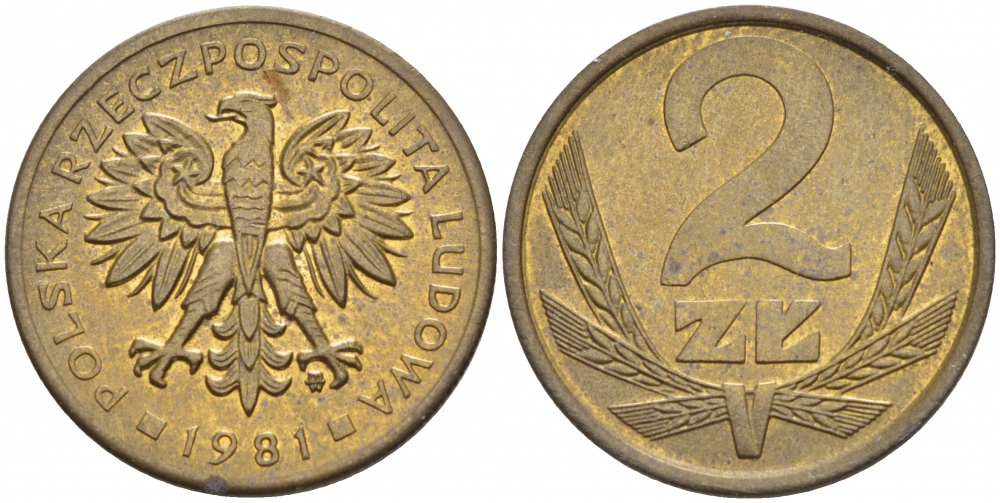 ПОЛЬША 2 ЗЛОТЫХ 1981 MW KM 80.1 латунь 4532-118