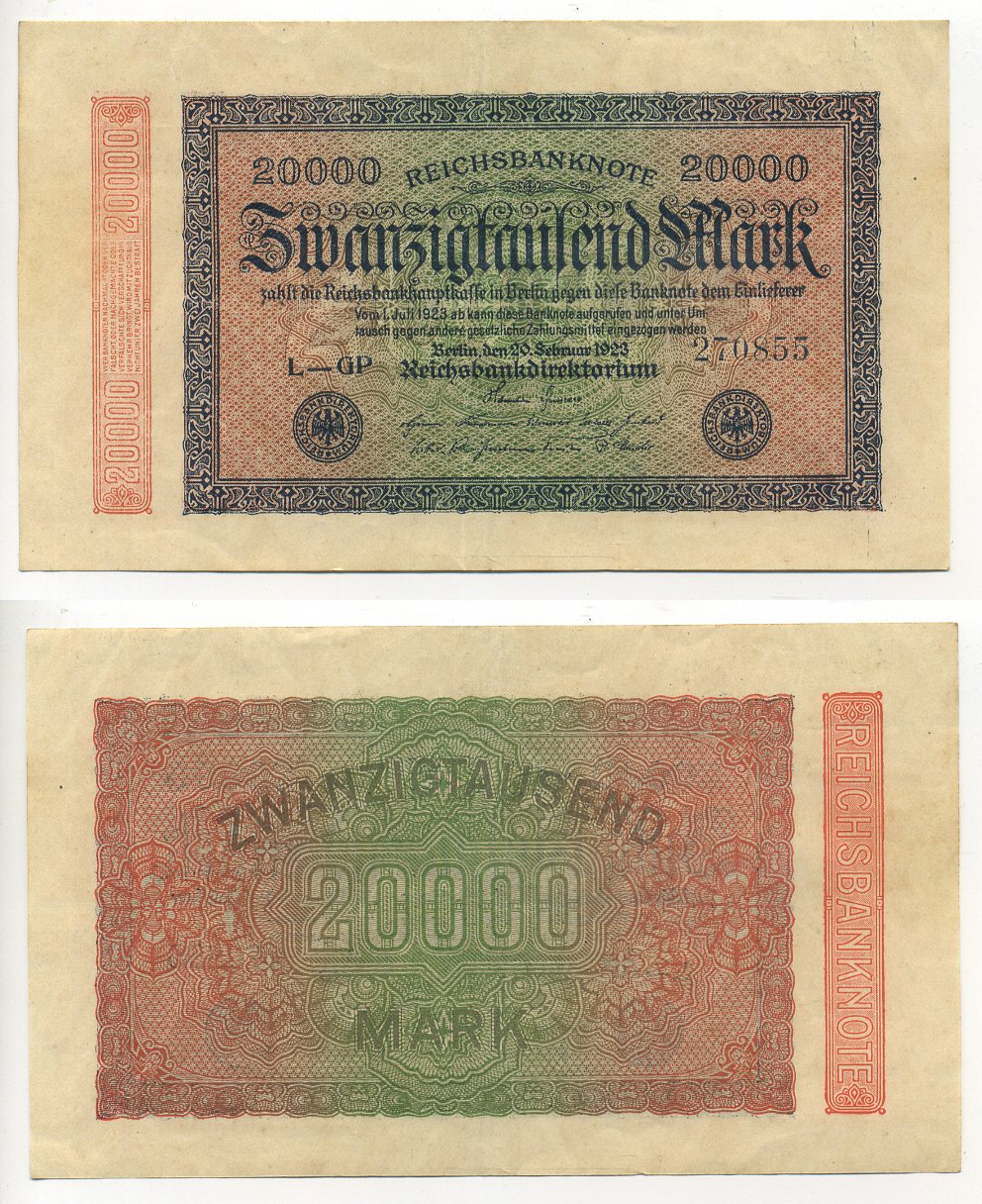 ГЕРМАНИЯ 20000 МАРОК 1923 20 ФЕВРАЛЯ 1923, ВОДЯНОЙ ЗНАК E, В ЗВЁЗДАХ G/D Pick 85b бумага 7183-7-2