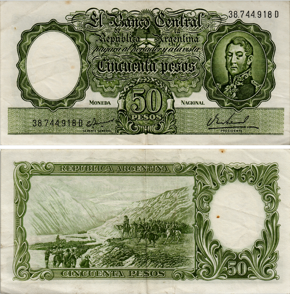 АРГЕНТИНА 50 ПЕСО 1968 СЕРИЯ D 38744, ПОДПИСЬ EGIDIO IANNELLA - PEDRO S. REAL Pick 271b бумага 7204-56-1