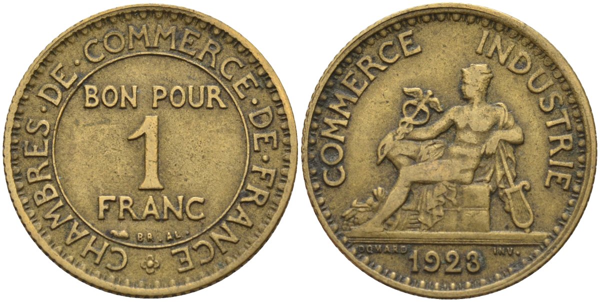 Франция 1 франк 1923 KM 876, Le Franc 218.5 алюминиевая бронза 4142-736