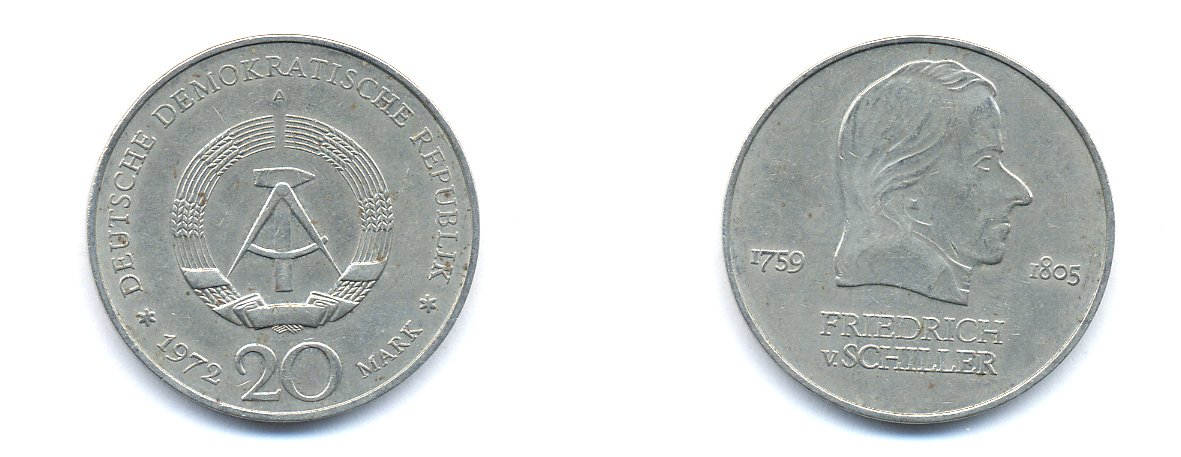 ГДР 20 марок 1972 А, Фридрих Шиллер (1759-1805) KM 40 медно-никель 3333-731