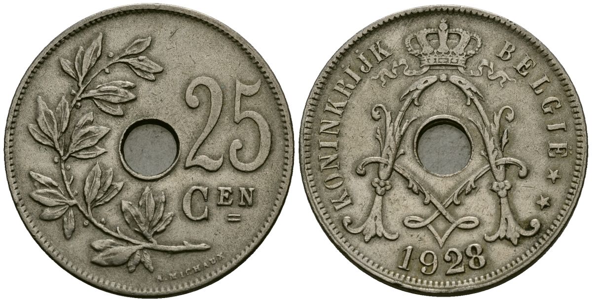 Бельгия 25 сантимов 1928 Belgie KM 69 медно-никель 4131-723