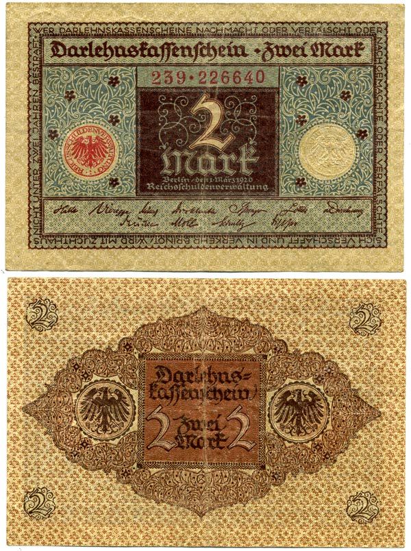 ГЕРМАНИЯ 2 МАРКИ 1920 1 МАРТА 1920, ВЕЙМАРСКАЯ РЕСПУБЛИКА, КОРИЧНЕВАЯ, СЕРИЯ 239 Pick 60, Rosenberg 65a бумага 7547-79-4