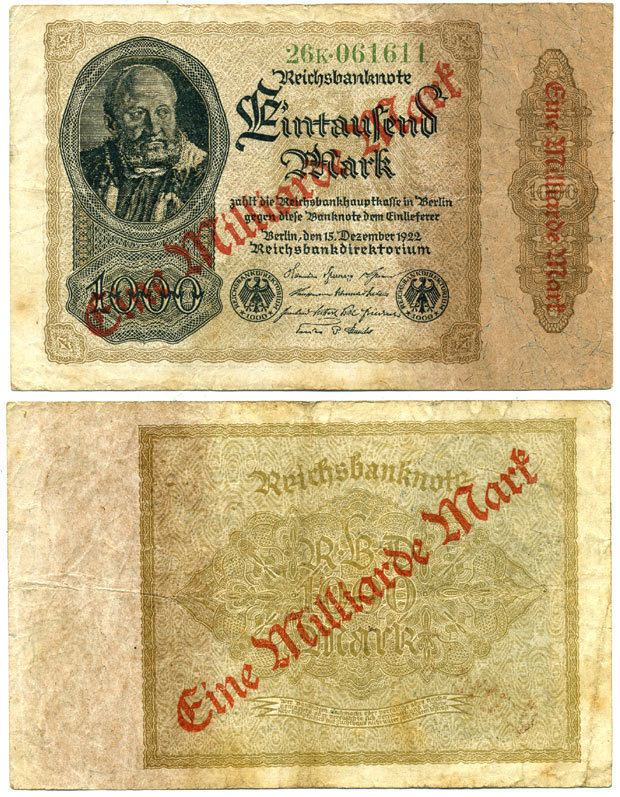 Германия 1000000000 марок 1923 сентябрь 1923, диагональная красная надпечатка на 1000 марок 1922 Pick 113a бумага 3295-71-2