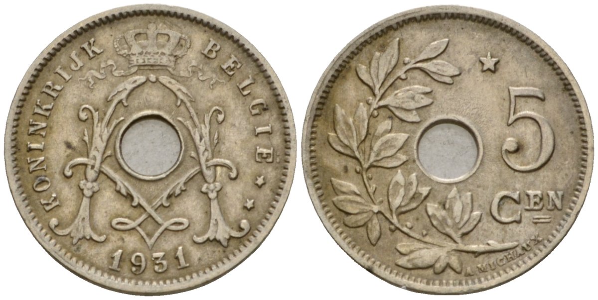 Бельгия 5 сантимов 1931 Belgique KM 66 медно-никель 4551-813