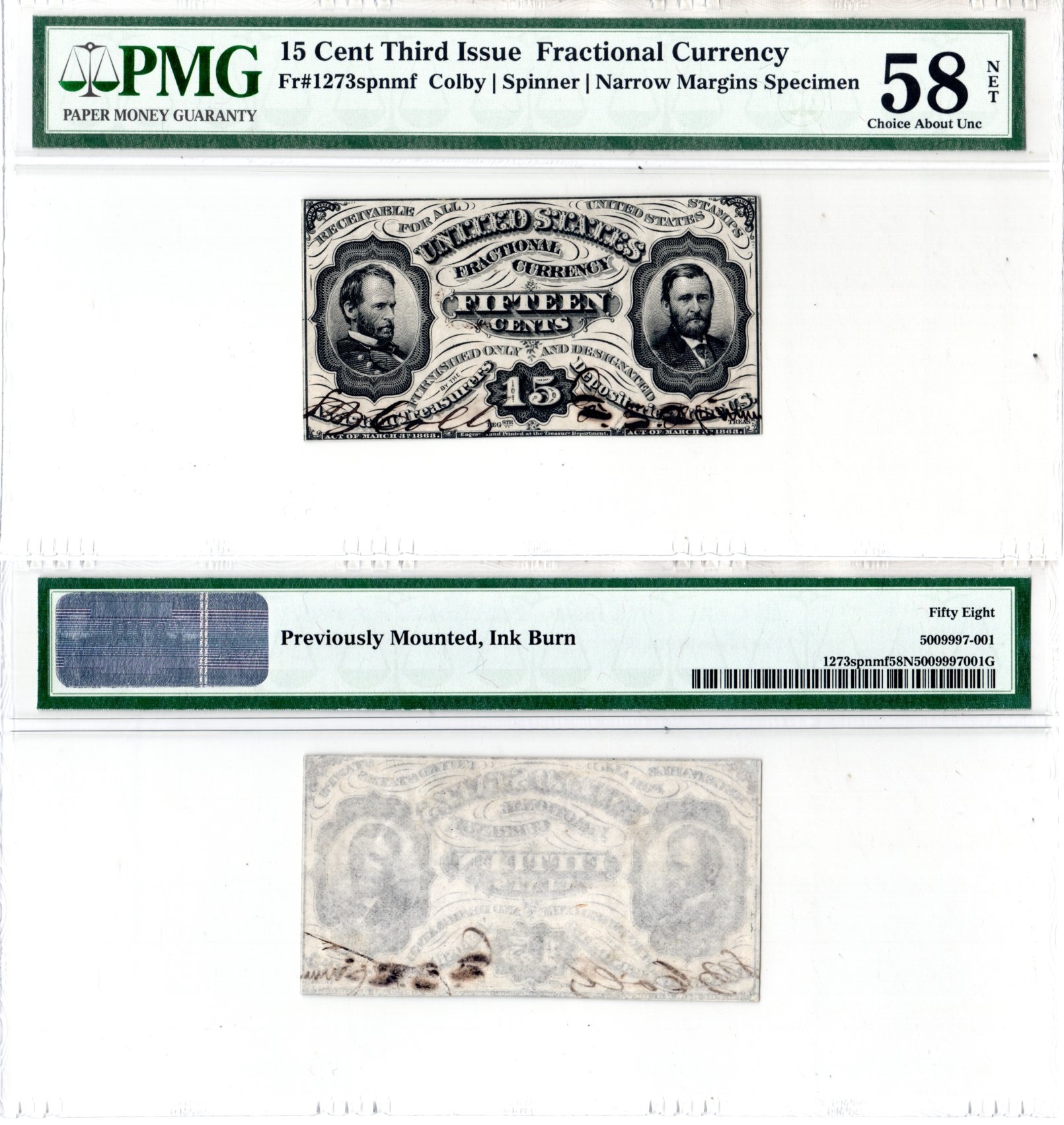 США, Fractional Currency 15 центов ND (1863) Образец аверса. Узкие поля. Третий выпуск. В холдере компании PMG. Сохранность - «58 NET». Улисс Грант, Уильям Текумсе Шерман Friedberg № 1273-SP. Pick NL бумага 452-3-59