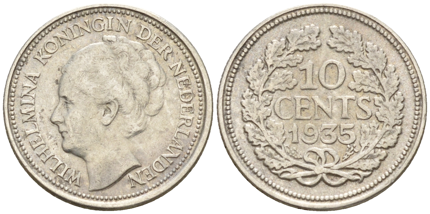 Нидерланды 10 центов 1935 Вильгельмина I (1890-1948) КМ 163 серебро 4160-1235