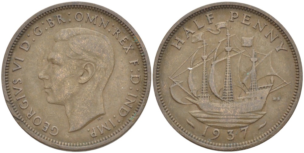 Великобритания 1/2 пенни 1937 Георг VI (1936-1952) KM 844, Spink 4115 бронза 4514-1245