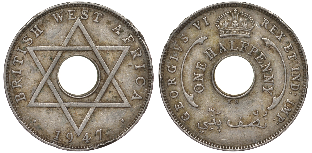 Британская Западная Африка 1/2 пенни 1947 KN, Георг VI KM 18 медно-никель 25-1312