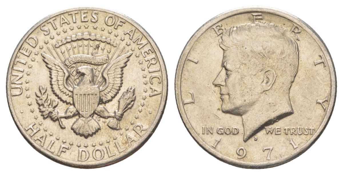 США 1/2 доллара (50 центов) 1971 D, Джон Кеннеди KM 202b медь плакированная медно-никелем aUNC 81-334