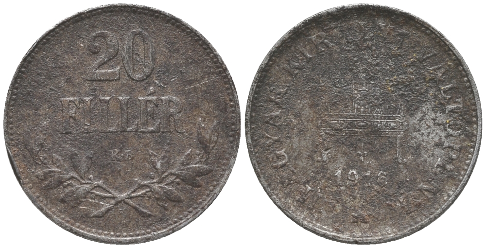 Венгрия 20 филлеров 1916 КВ, Карл I (1916-1918) KM 498 железо 100-842