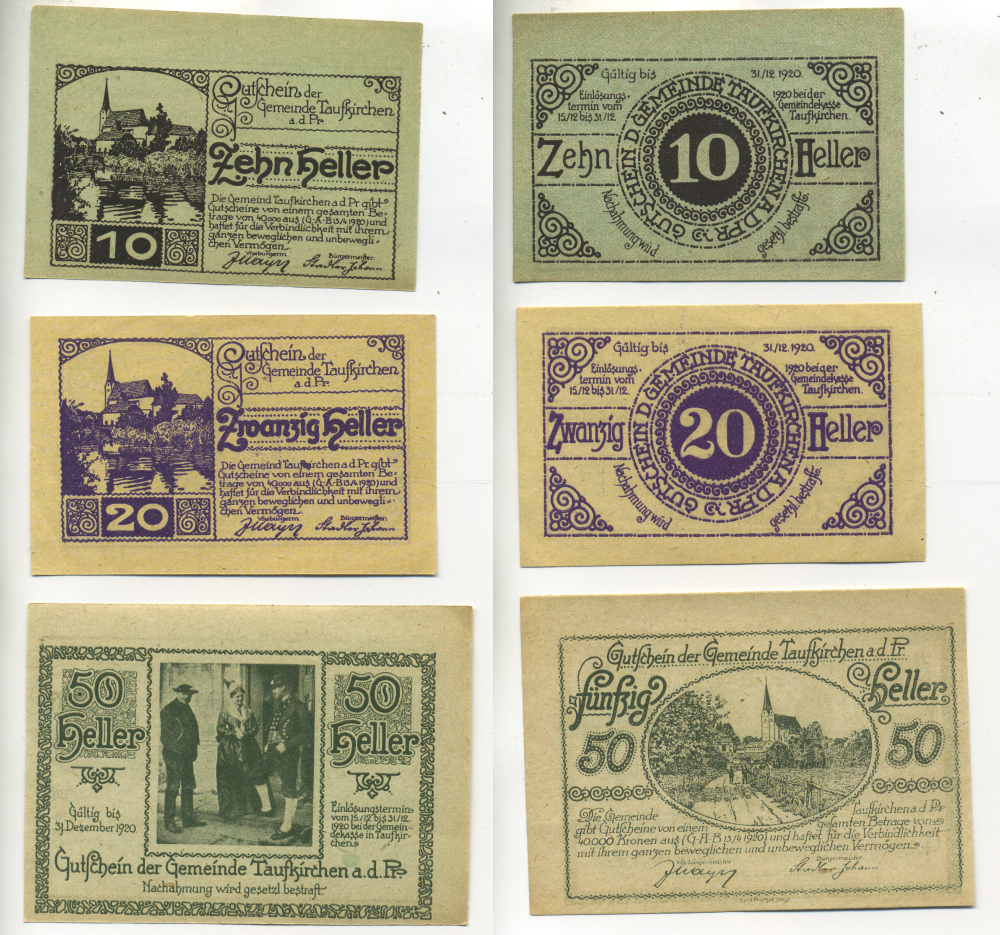 АВСТРИЯ НАБОР ИЗ 3 БАНКНОТ 1920 15-31 ДЕКАБРЯ,НОТГЕЛЬД, 10, 20, 50 ГЕЛЛЕРОВ, TAUFKIRCHEN am der PR бумага XF 7207-8-3