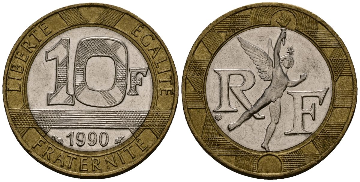 Франция 10 франков 1990 тип Гений Бастилии KM 964.1, Le Frank 375.5 биметалл 4138-326