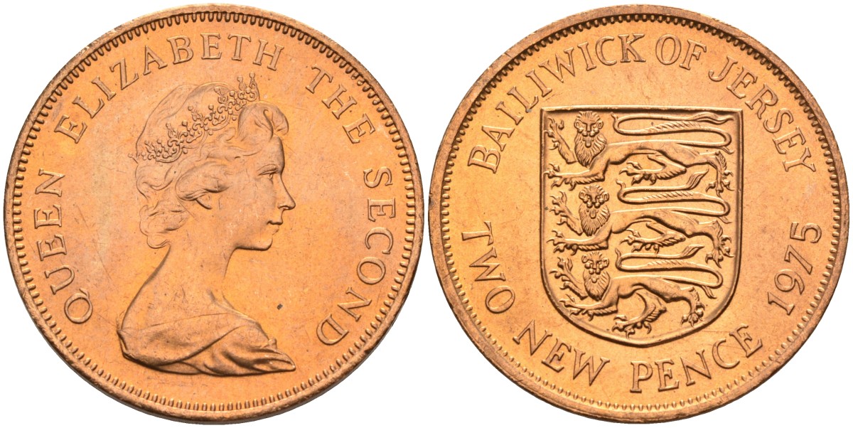 Джерси 2 пенса 1975 герб, Елизавета II (1952-2022) KM 31 бронза UNC 4367-433