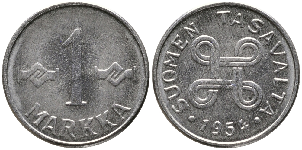 ФИНЛЯНДИЯ 1 МАРКА 1954 KM 36а железо плакированное никелем 100-435