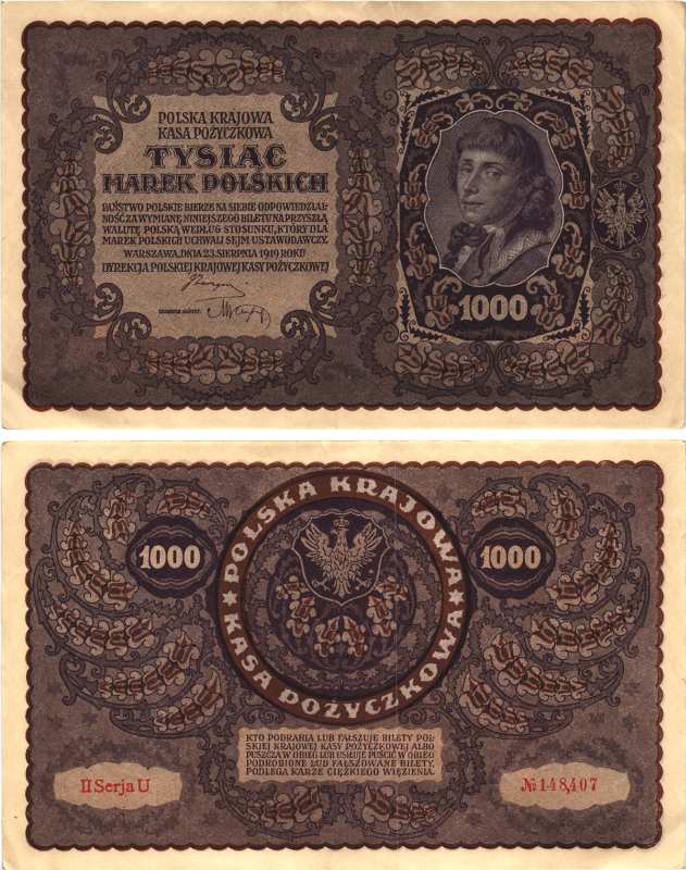 Польша 1000 марок 1919 23 августа 1919, II серия, портрет Костюшко, серия U Pick 29 (2)  бумага   8609-15-1-1