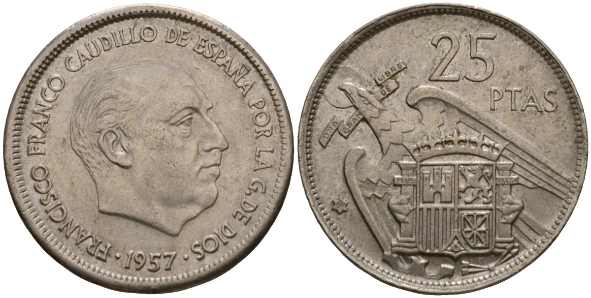 Испания 25 песет 1957 (69) KM 787 медно-никель 92-745