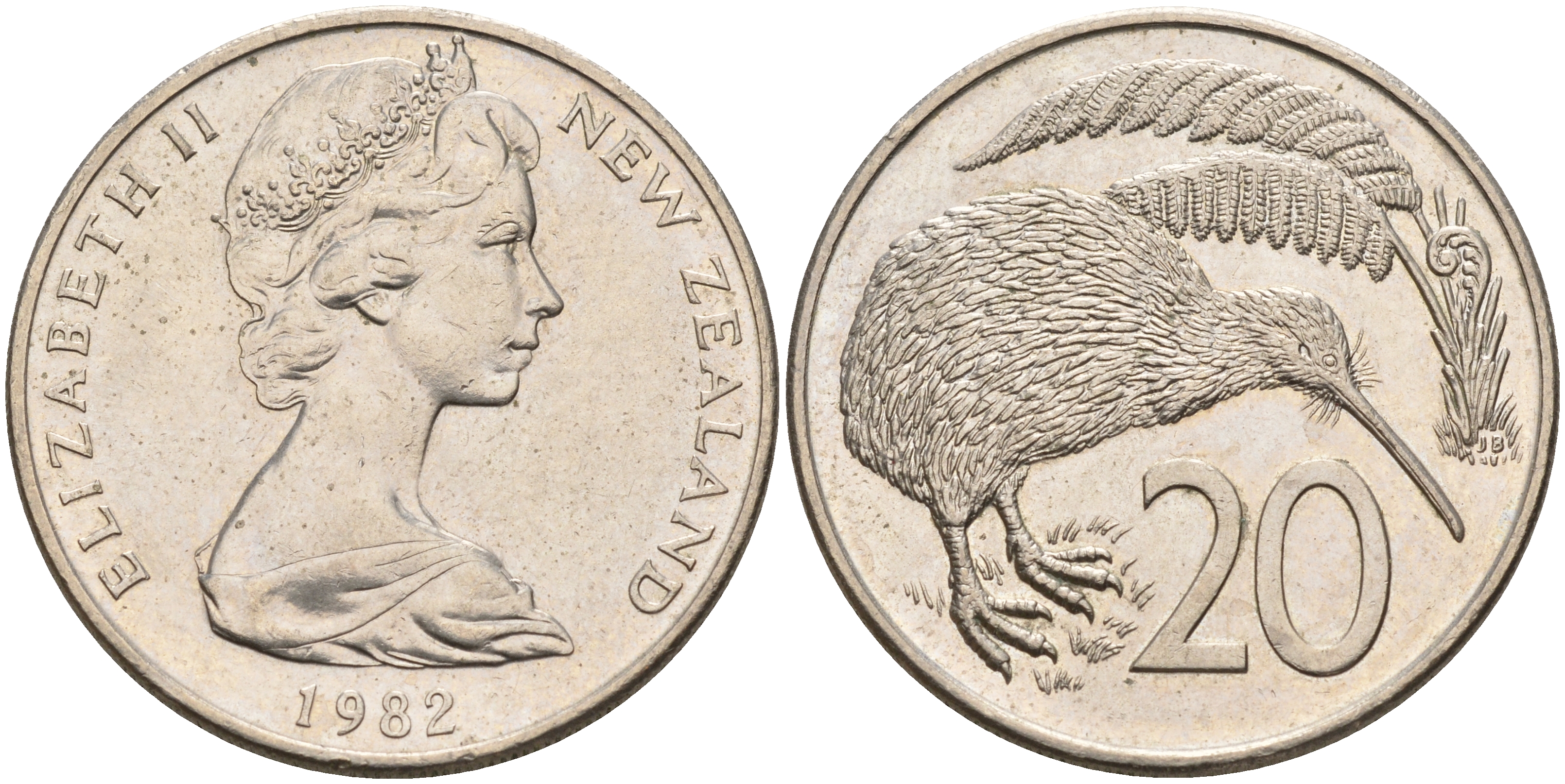 Новая Зеландия 20 центов 1982 Елизавета II (1952-2022), птичка киви KM 36.1 медно-никель  4599-1045