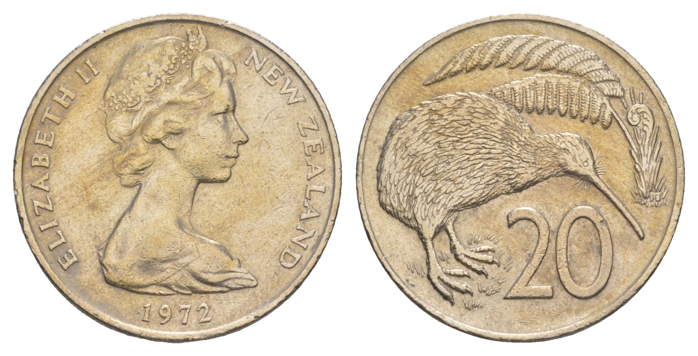 Новая Зеландия 20 центов 1972 Елизавета II (1952-2022), птичка киви KM 36 медно-никель 4680-943