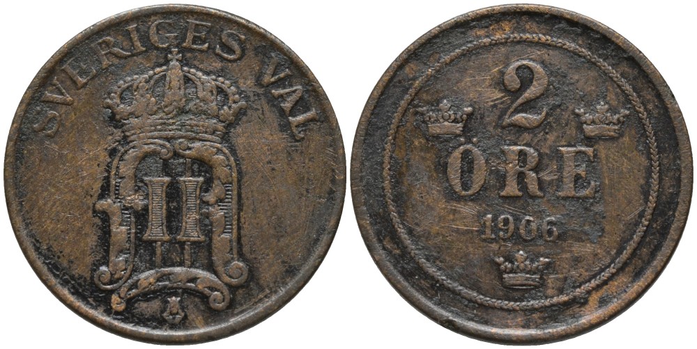 Швеция 2 эре 1906 Оскар II (1872-1907) король Швеции, редкий год KM 769 бронза 55-1052