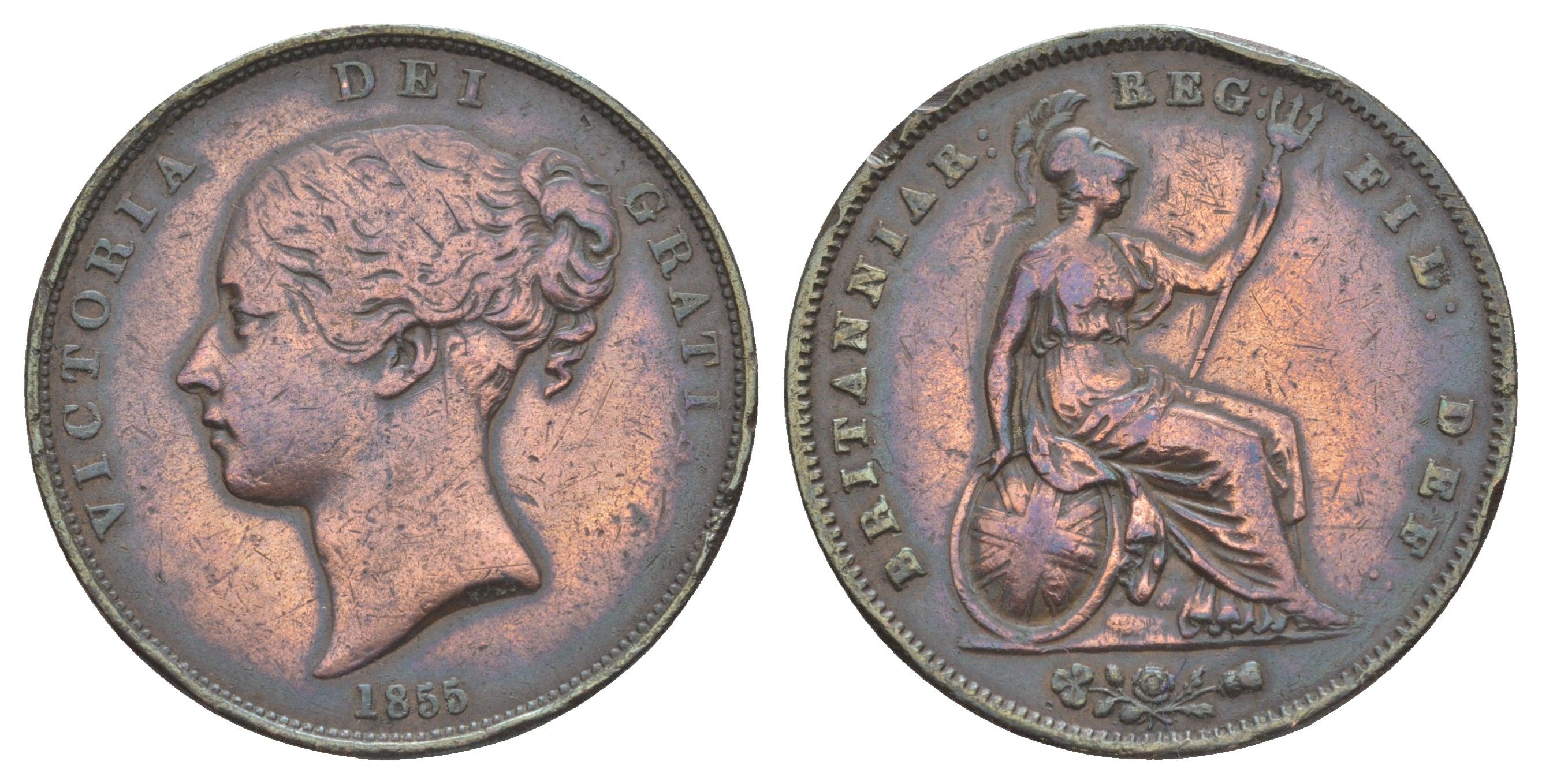 Великобритания 1 пенни 1855 Виктория (1837-1901) KM 739, Spink 3948 медь 4527-212