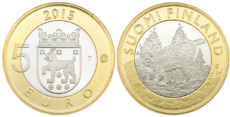 Финляндия 5 евро 2015 животный мир регионов Финляндии, рысь в Тавастии KM 241 биметалл UNC M16-05