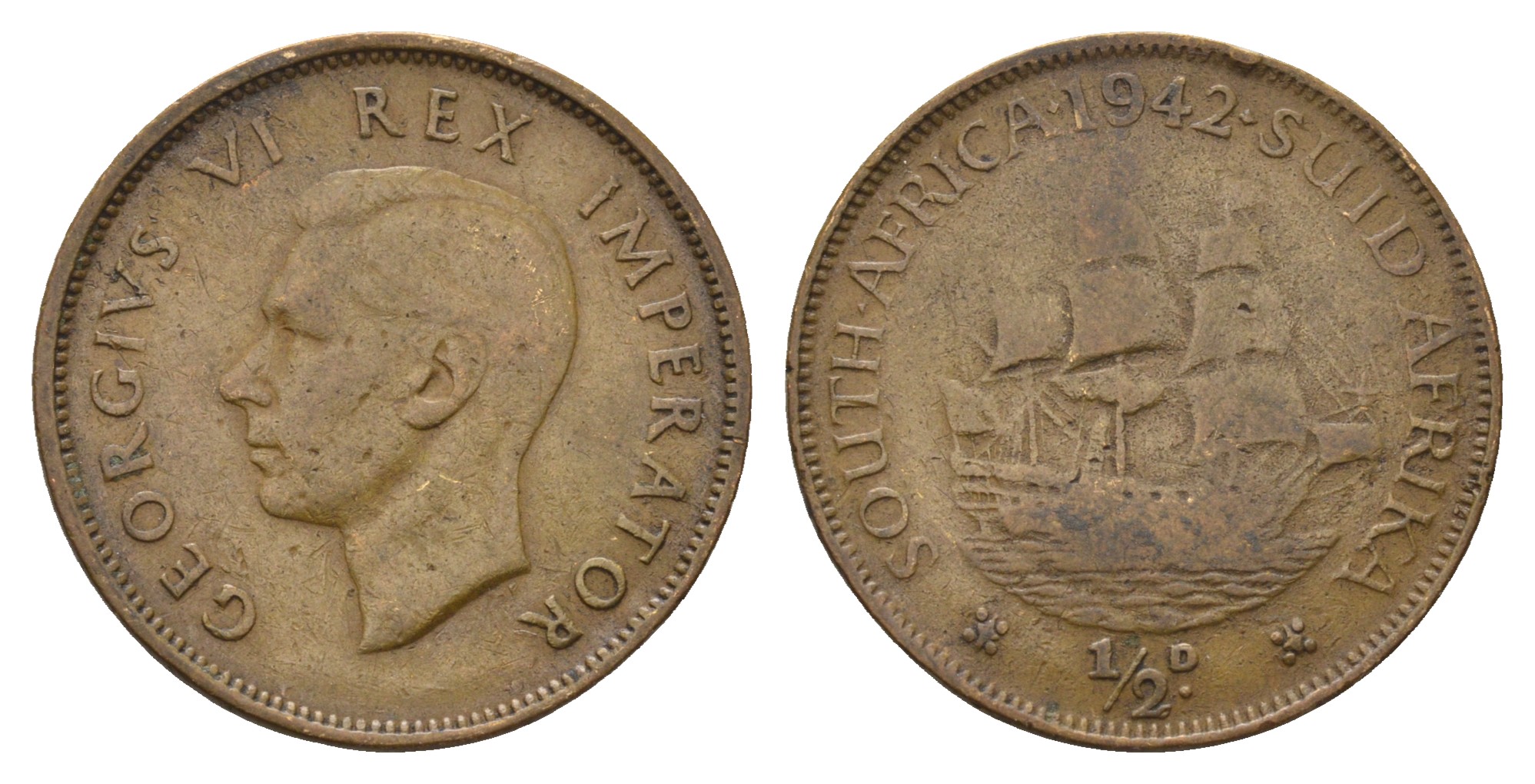 ЮАР 1/2 пенни 1942 Георг VI (1936-1952) KM 24 бронза 4693-527