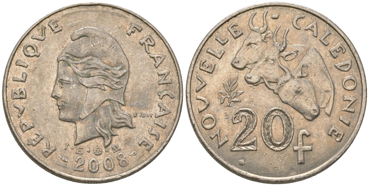 Французская Новая Каледония 20 франков 2008 три быка, (IEOM) KM 12a, Schoen 14a, Lec 115j медно-никель 82-836