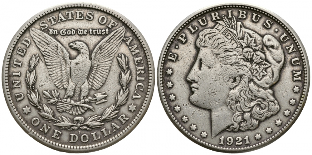 США 1 доллар 1921 S, Морган доллар KM 110 серебро 272-1515