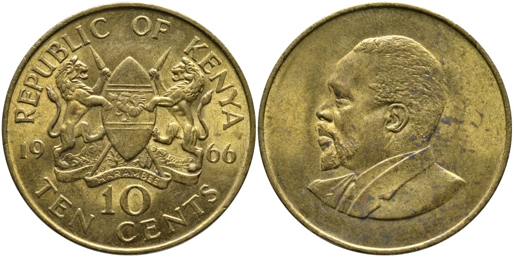 Кения 10 центов 1966 Джомо Кениата KM 2 никель латунь aUNC 4526-1042