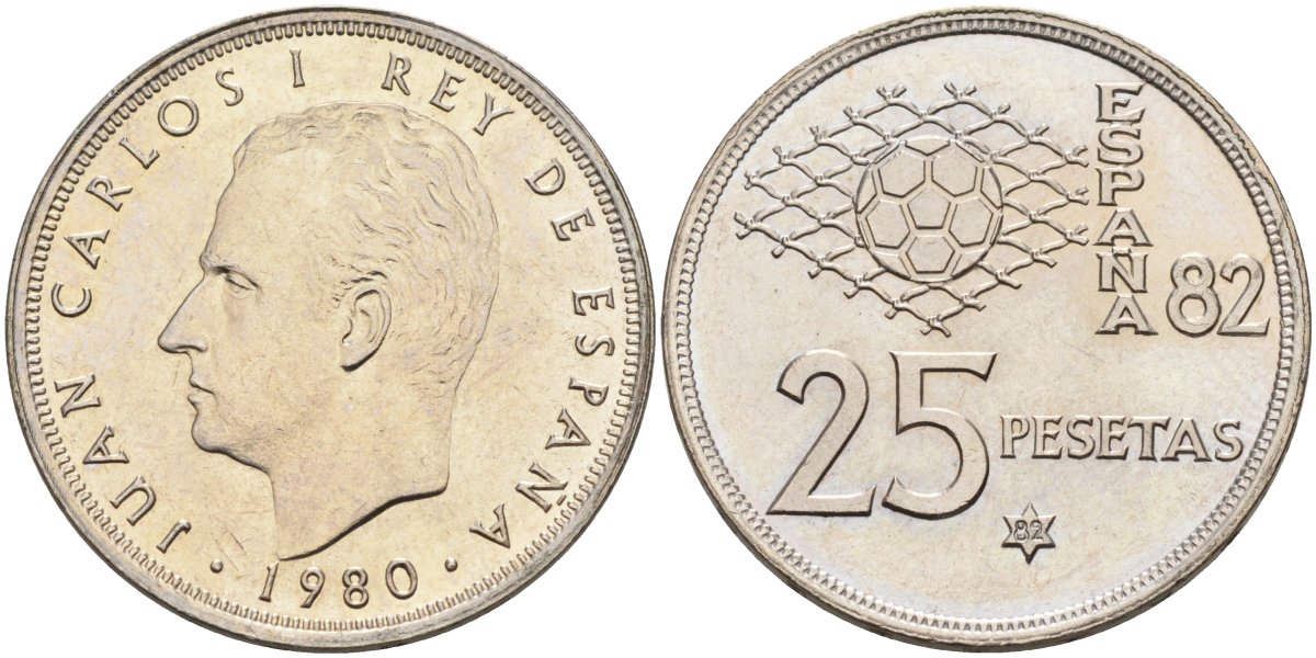 Испания 25 песет 1980(82) чемпионат мира по футболу в Испании 1982, Хуан Карлос I KM 818 медно-никель UNC 4583-1113