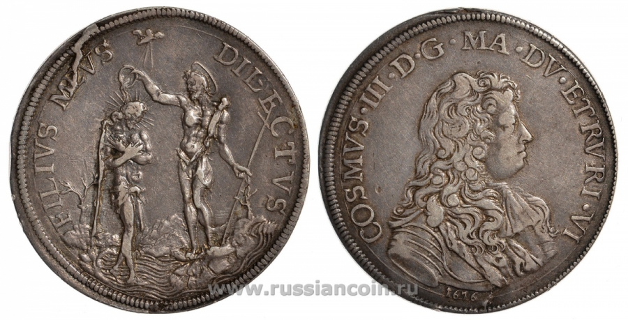 Тоскана 1 пиастр 1676 Козимо III Медичи, крещение Иисуса, Иоанн Креститель Dav. 4209 серебро 00-000-00