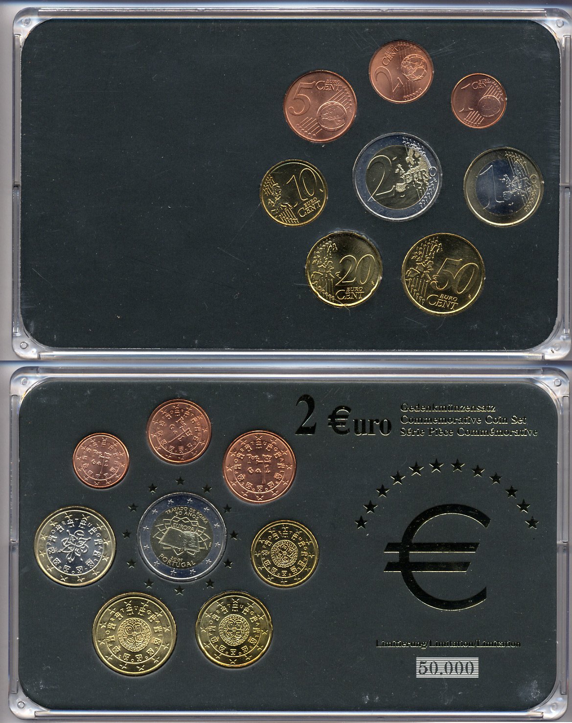 Португали евронабор от 1 евроцента до 2 евро включает 2 евро 2007 Римский договор, планшет биметалл, медно-никель UNC 3-6-1-22