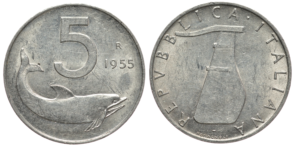 ИТАЛИЯ 5 ЛИР 1955 R, РУЛЬ , ДЕЛЬФИН KM 92 алюминий 4182-121