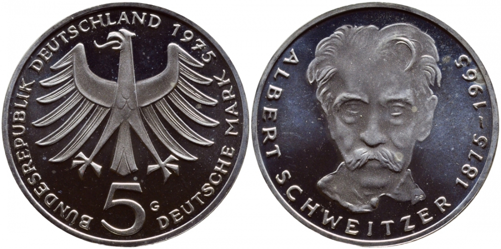 ФРГ 5 марок 1975 G, 100 лет со дня рождения Альберта Швейцара KM 143, J.418 серебро PROOF 1520-1324