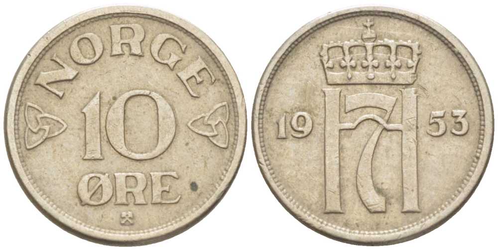 НОРВЕГИЯ 10 ЭРЕ 1953 ХОКОН VII (1905-1957) KM 396 медно-никель 3309-721