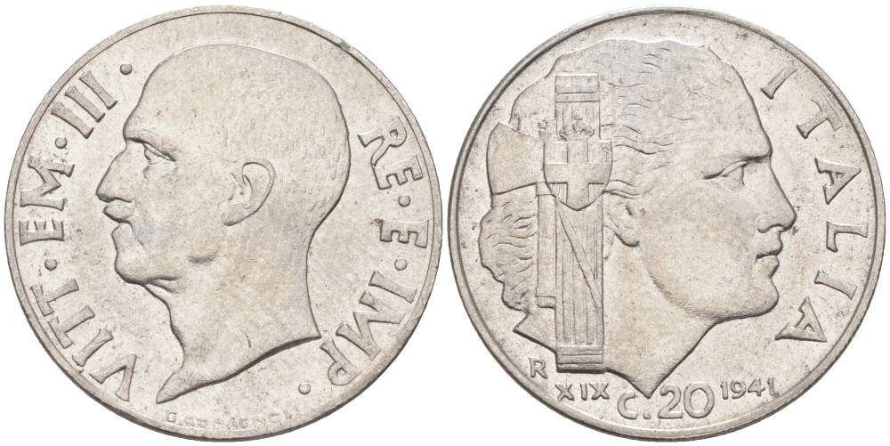 ИТАЛИЯ 20 ЧЕНТЕЗИМО 1941 R, ГОД XIX, ВИКТОР ЭММАНУИЛ III (1900-1946) KM 75b, VEM3. 1028 нержавеющая сталь 3853-725