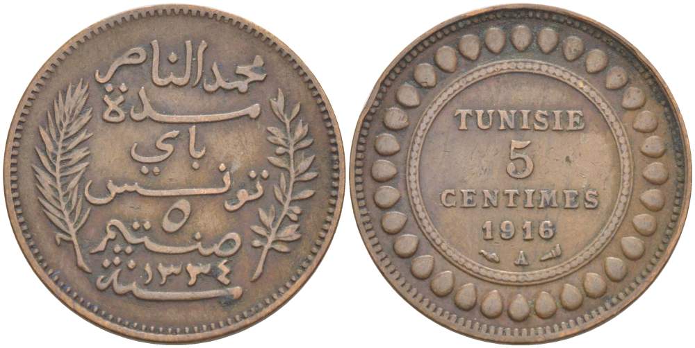 Тунис 5 сантимов 1916 A KM 235 бронза     4523-812