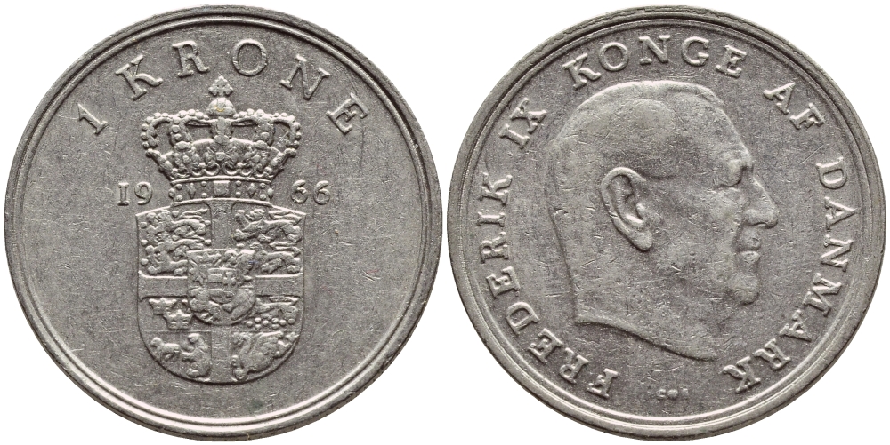 ДАНИЯ 1 КРОНА 1966 C; S, ФРЕДЕРИК IX (1947-1972) KM 851.1 медно-никель 4398-1022