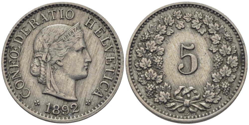 ШВЕЙЦАРИЯ 5 РАППЕНОВ 1892 В KM 26 медно-никель 26-764