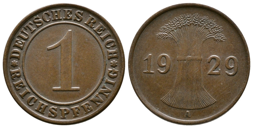 ГЕРМАНИЯ 1 РЕЙХСПФЕННИГ 1929 A KM 37, J. 313 бронза 4380-1154