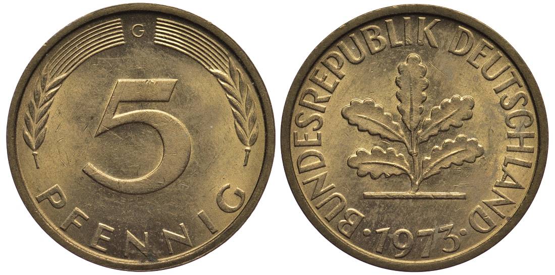 ФРГ 5 ПФЕННИГОВ 1973 G KM 107, Jager 382 сталь плакированная латунью 4547-747