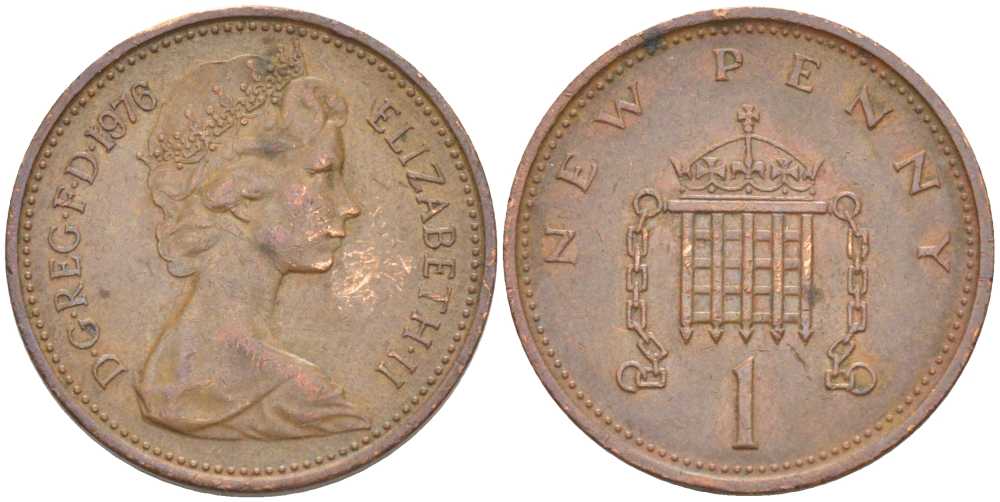 Великобритания 1 пенни 1976 Елизавета II (1952-2022) KM 915, Spink 4237 (B1) бронза 175-611