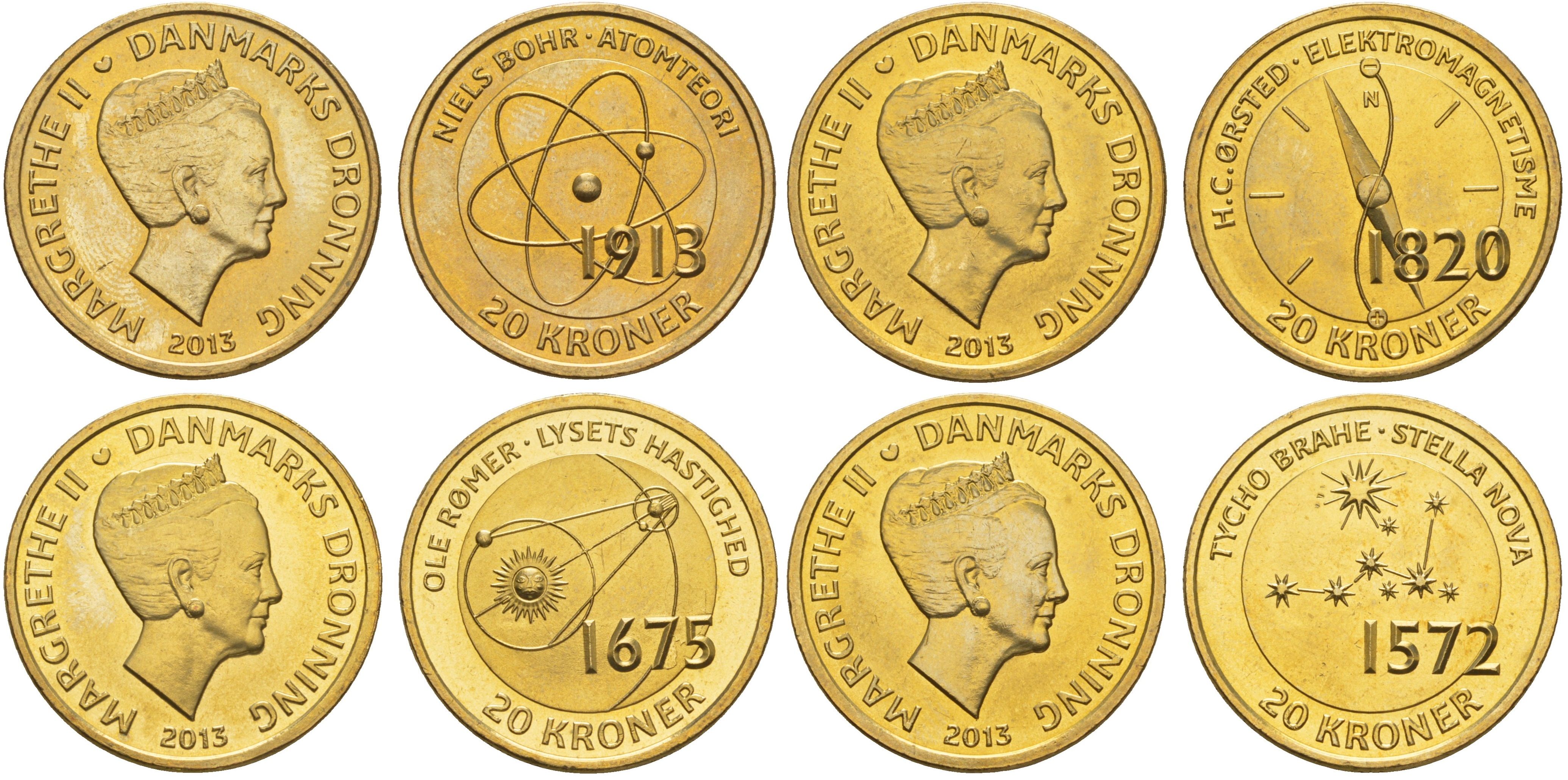 Дания полный набор из 4 монет (20 крон) 2013 Датские ученые - Нильс Бор, Ханс Кристиан Эрстед, Оле Кристенсен Рёмер и Тихо Браге KM 956, 958, 960 и 962 алюминиевая бронза UNC M69-08